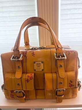 MCM Rare Yellow Floral Patent Leather Buckled Top-Handle Satchel